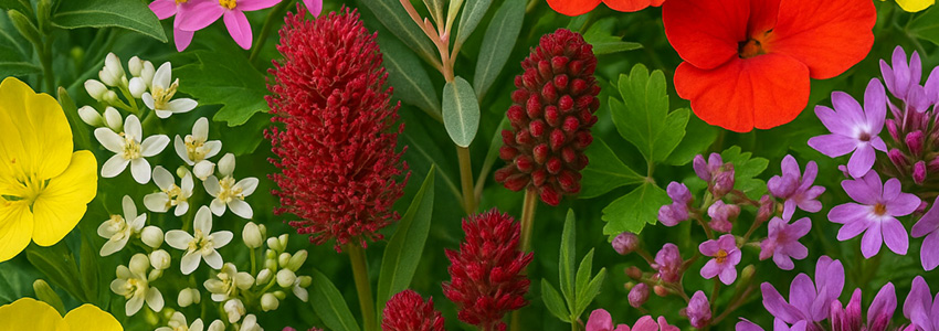 Slíva třešňová • Bílá lesní réva • Netýkavka • Devaterník • Snědek