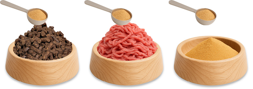 Podáváme vmíchané do krmiva, do mletého masa nebo do misky vedle krmiva.